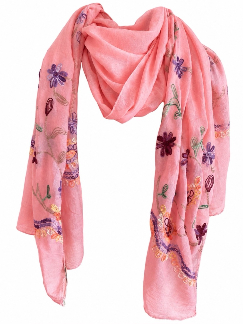 Jasmine Coral Pink Floral Embroidered Scarf Shawl